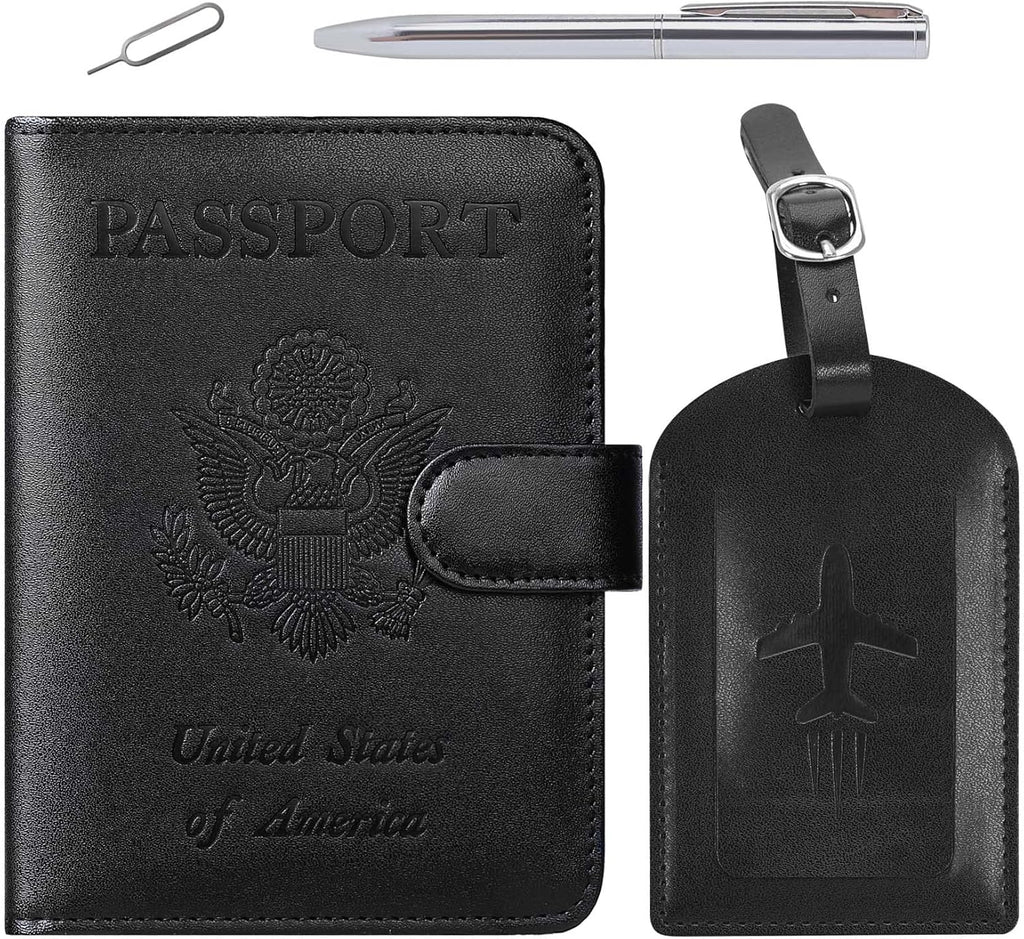 Passport Holder With Luggage Tag Cover Wallet RFID Blocking Leather Case Travel Essentials Accessories Travel Must Have(114#Black)