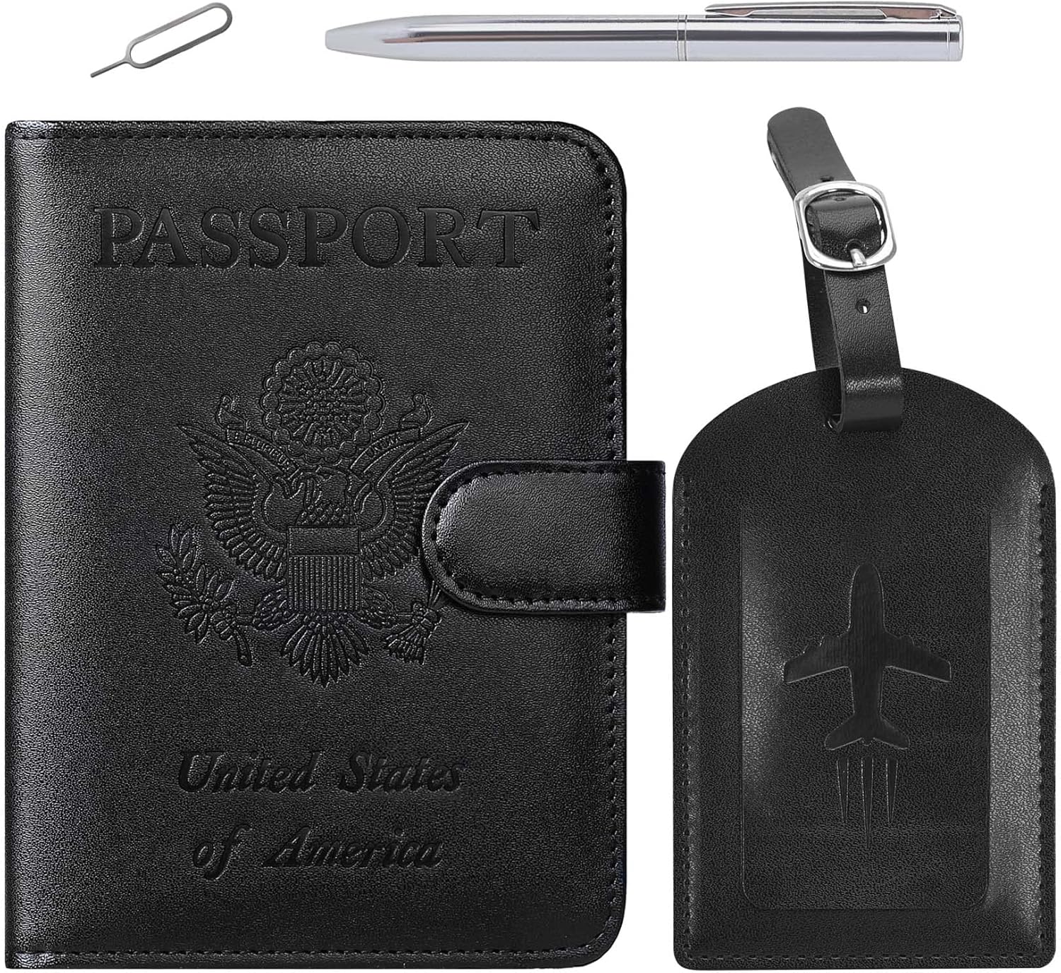 Passport Holder With Luggage Tag Cover Wallet RFID Blocking Leather Case Travel Essentials Accessories Travel Must Have(114#Black)