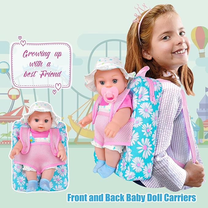12" Girls Baby Doll Daisy Theme Backpack Carrier Playset,12 Inch Reborn Baby Dolls With Accessories And Clothes Set Toy Stuffs Pink Hanky Diaper Bottle Nipple And Gifts For Baby Toddler Age 3+