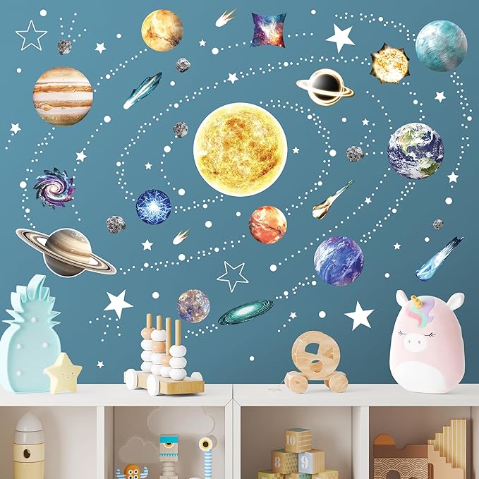 Glow in The Dark Stars and Planets for Ceiling, Robmoda Glow Solar System Wall Stickers, Space Wall Decals for Kids Boys Room (Blue)