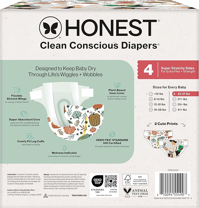 The Honest Company Clean Conscious Diapers for Delicate Skin | Up to 100% Leakproof | Hypoallergenic, Fragrance Free | Fall '25 Limited Edition Prints | Club Box, Size 4 (22-37 lbs), 54 Count