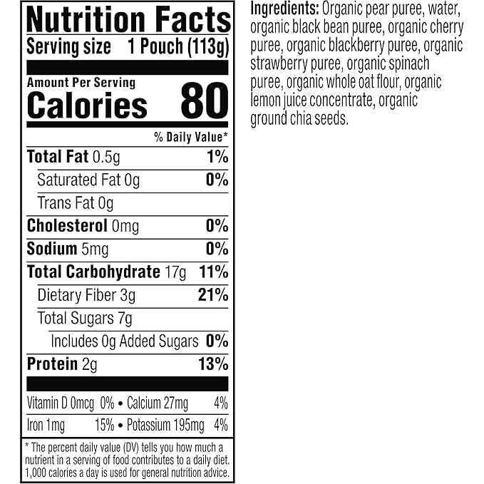 Plum Organics Mighty 4 Organic Toddler Food - Pear, Cherry, Blackberry, Strawberry, Black Bean, Spinach, and Oat - 4 oz Pouch (Pack of 12) - Organic Fruit and Vegetable Toddler Food Pouch