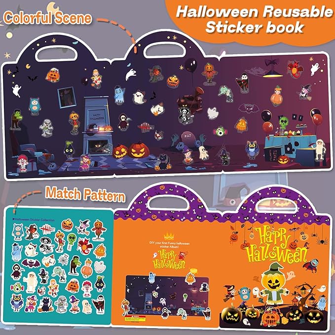 Halloween Reusable Sticker Books for Toddlers 3+, Halloween Stickers for Kids, Sticker Book for Toddlers 3+ Years, Halloweens Gifts for Kids Girls Boys