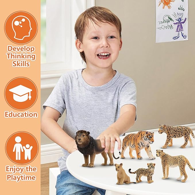 Toymany 8PCS 2-5" Plastic Jungle Animals Figures Playset Includes Baby Animals, Realistic Lion, Tiger, Cheetah, Leopard Figurines with Cubs, Cake Toppers Christmas Birthday Toy Gift for Kids Toddlers