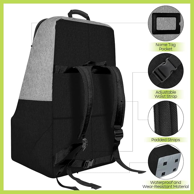 Padded Car Seat Travel Bag for Airplane, Heavy Duty Backpack for Air Travel, Water-Resistant Carrier with Shoulder Strap, Fits Most Car Seats (Grey+Black)