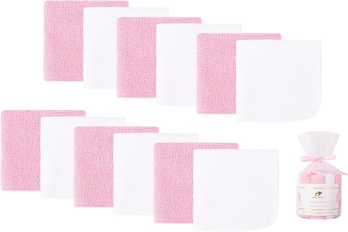 12 Pack Baby Washcloths 100% Cotton - Small Terry Wash Cloths 8" x 8" Soft Face Washcloth for Hand Body Sensitive Skin Thin Absorbent Wipes for Newborns Infant
