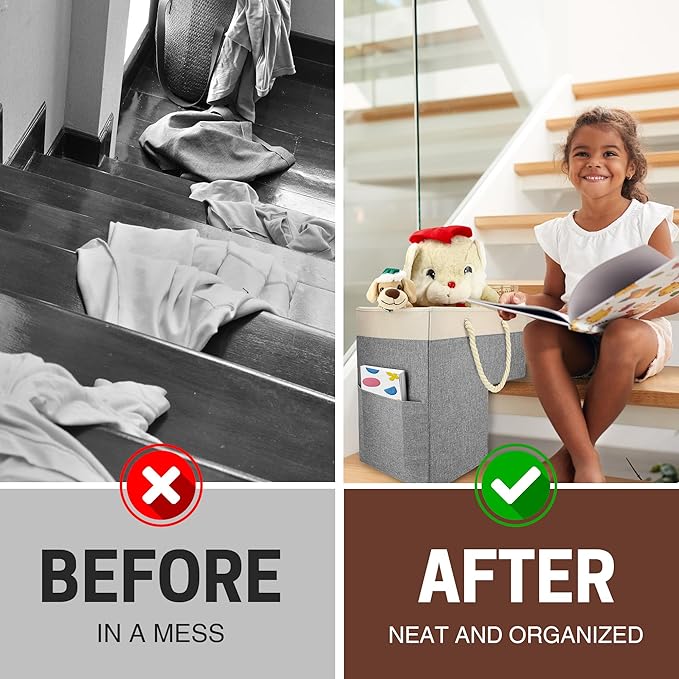 SAM AND MABEL Stair Basket for Carpeted and Wooden Stairs – Foldable Staircase Basket with Thick Cotton Rope Handles, Modern Stairway Storage Organizer (Lite Cream and Gray with Side Pocket)