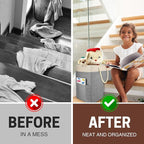 SAM AND MABEL Stair Basket for Carpeted and Wooden Stairs – Foldable Staircase Basket with Thick Cotton Rope Handles, Modern Stairway Storage Organizer (Lite Cream and Gray with Side Pocket)