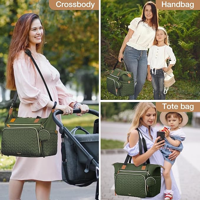 Diaper Bag Tote, Large Baby Diaper Bags Waterproof, Hospital Bag for Labor Delivery with Pacifier Case, Changing Pad, Shoulder Strap, Dark Green