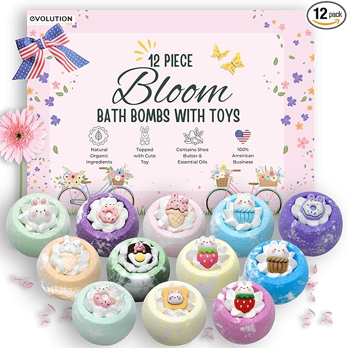 EvolutionUSA 12pc Bloom Bath Bombs with Toys, Adorable Girl Bath Bomb Set, Bubbly Kids Bathbombs, Fizzy Bath Ball, Kids Bath Bombs for Girls, Childrens Bath Bomb Set Christmas, Stocking Stuffer