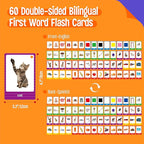 60 English Spanish Flash Cards, Double-Sided Nouns Cards Bilingual Sight Words - Animals, Colors, Food, Vehicles Cards, Language Vocabulary Learning Tool for Beginners 5+ with 2 Reclosable Rings
