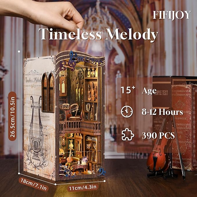 Book Nook Kit Music, DIY Miniature House Kit Book Nook, 3D Wooden Puzzle Bookshelf Insert Diorama Kit with Led Light for Teens and Adults (Timeless Melody)