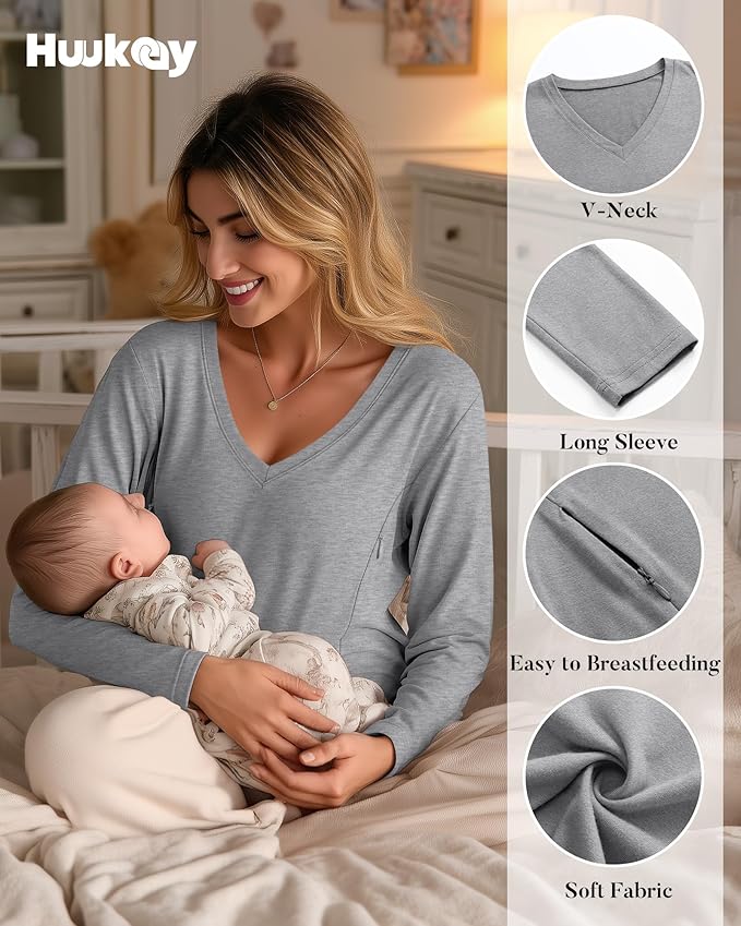 Huukeay 3 Pack Women's Long Sleeve Nursing Tops, Breastfeeding Hidden Zippers Shirts V Neck Maternity Pregnancy Tees Clothes