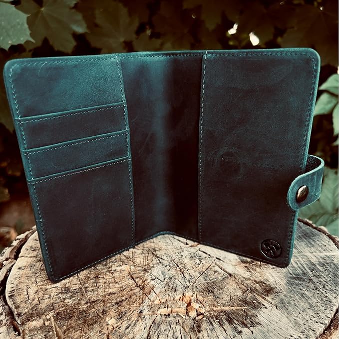 Genuine Leather AirTag and Moto Tag Passport Holder and Wallet for Men and Women RFID Blocking for Secure Traveling and Documentation Organizer (Blue)