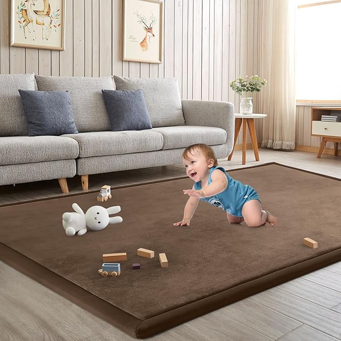 Baby Play Mat for Floor Tummy Time Mat Nursery Rug Muscle Mat Area Rug Playroom Rug Tatami Mat 6'7"x5'11" Memory Foam 1.3" Thick Crawling Mat For Babies,Toddlers, Infants, Kids Floor Mat,Coffee
