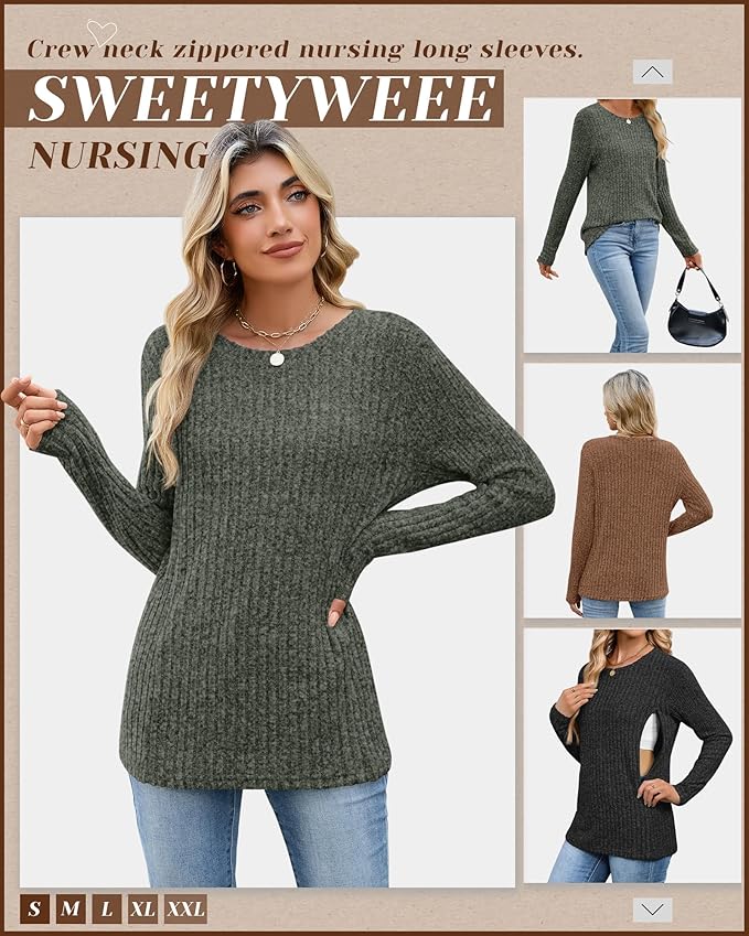 3 Pack Women's Nursing Long Sleeve Tops Breastfeeding Thermal Sweaters with Hidden Zipper Maternity Ribbed Shirts