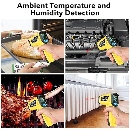 Infrared Thermometer Temperature Gun,-58°F to 1472°F Non Contact Digital IR Laser Thermometer Temp Gun with Probe & Humidity Measurement for Cooking,Griddle,Engine,HVAC,Adjustable Emissivity