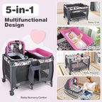 BABY JOY 5 in 1 Pink Pack and Play, Portable Baby Playard with Bassinet & Changing Table, Infant Pink Bassinet Nursery Center w/Toys & Music & Oxford Bag for Baby Girl Toddlers (Rose, Dot Circle)