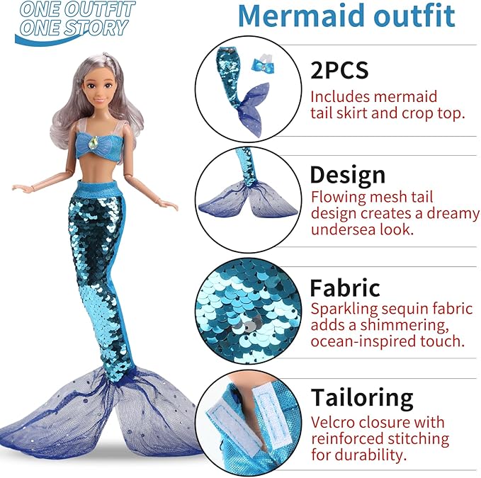 11.5-Inch Themed Doll Clothes & Accessories – Educational Role Play Gift Set for Girls with 1 Doll, 5 Outfits (Santa, Wedding, Graduation, Mermaid, Ballet) 1 Puppy, 5 Shoes, Stands, Headbands
