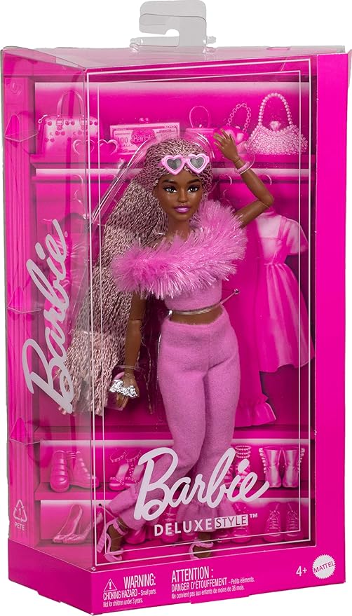 Barbie Deluxe Style Doll #4 in Barbiecore Outfit, Pink and Brown Braids, Soft Pink Top and Pant Set with Furry Collar and Fun Accessories