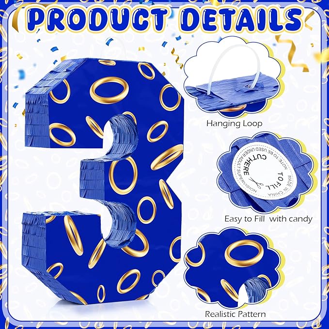 Number 3 Blue and Golden Rings Piñata for Kids Birthday Cartoon Theme Small Piñata with Blindfold Stick Confetti for Fiesta Cinco De Mayo Party Decor, 15.8 x 11 x 2.8 Inch