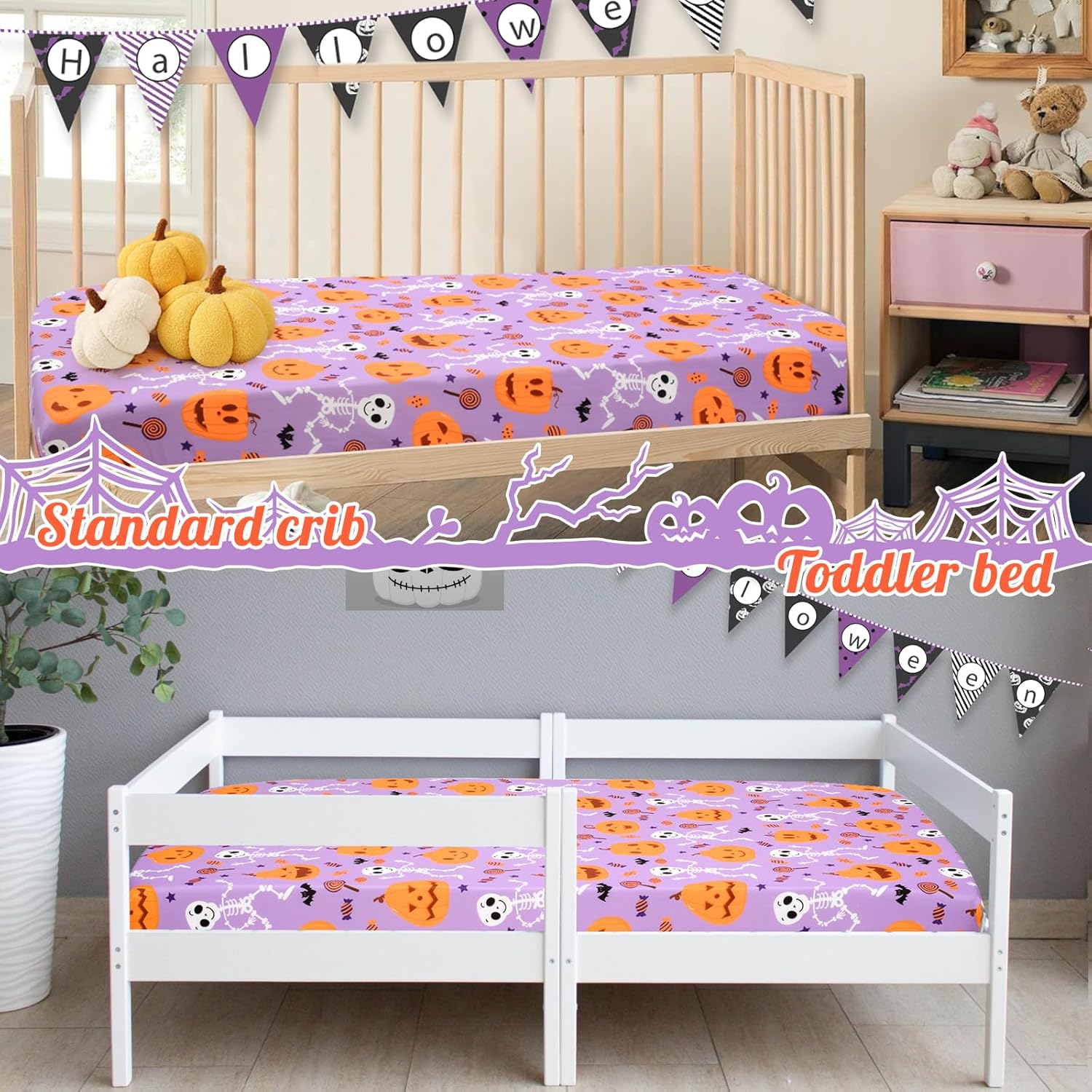 UOMNY Halloween Pumpkin Crib Sheet for Boys Girls Halloween Fitted Crib Sheets for Standard Crib 52 X 28 Inch Toddler Crib Mattresses Sheet