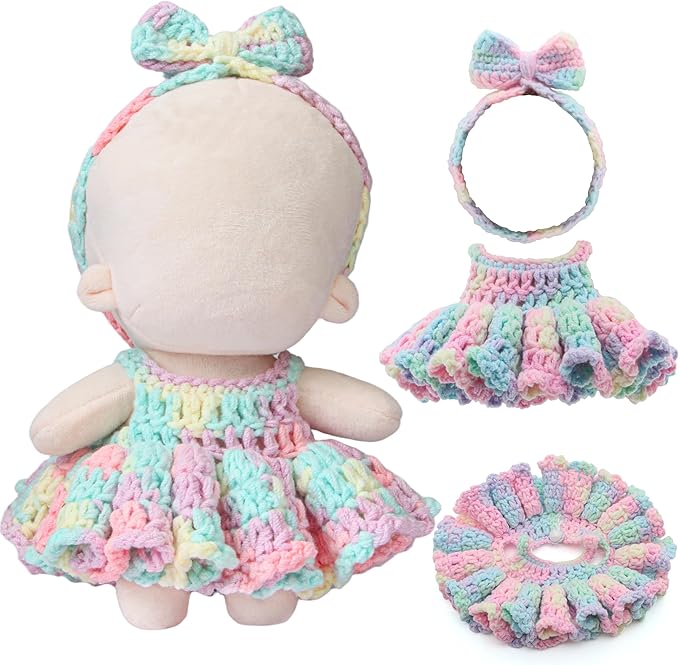 Handmade 17cm Doll Clothes - Crochet Handcraft Cute Styles 15cm/17cm Dolls Outfits, Matching Halter Dress and Headband Accessories for Dress Up Gift (Macaron)