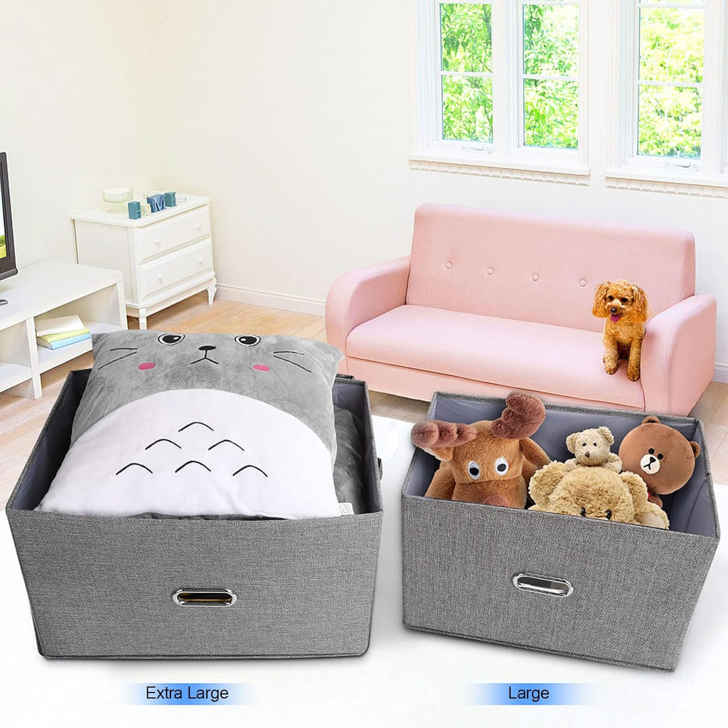 Large Linen Fabric Foldable Storage Bins with Removable Lid and Handles, Washable Storage Box Organizer Containers Baskets Cube with Cover for Bedroom,Office(Black, Extra Large)