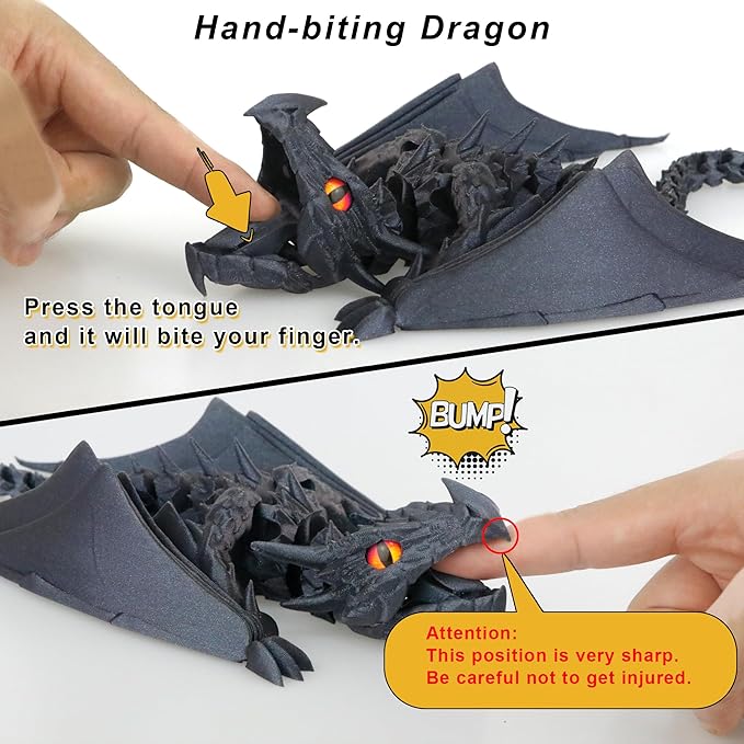 3D Printed Dragon with Wings, Fidget Dragon Toys, 3D Printed Animals, Flexible Articulated Winged Crystal Dragon Model,Home Office Decor Desktop Pet(Silk Black)