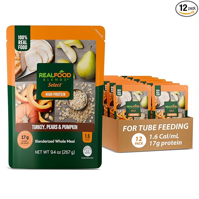 Real Food Blends Select Turkey, Pears & Pumpkin – Pureed Food Meal for Feeding Tubes, 9.4 oz Pouch (Pack of 12 Pouches)