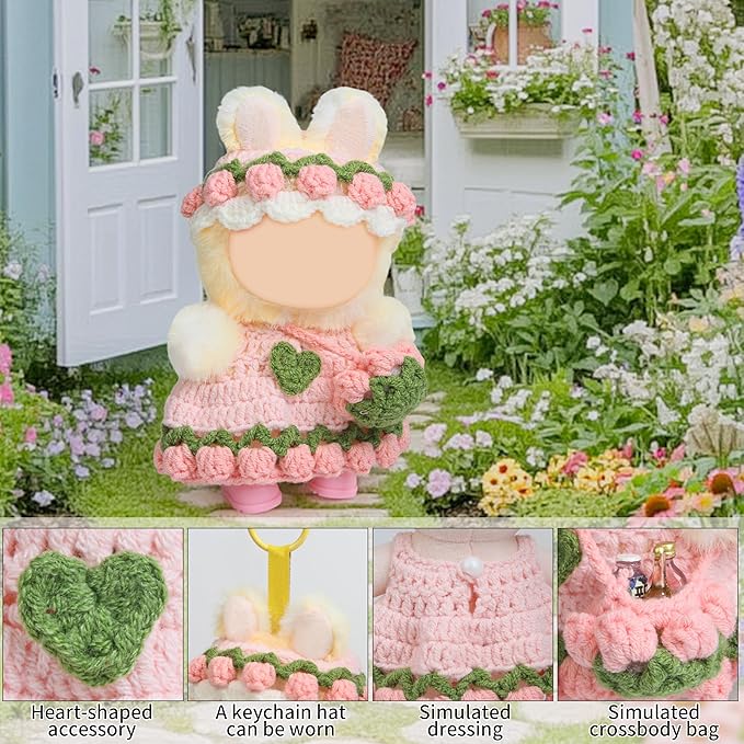 Handmade Crochet 17cm Doll Clothes - 3PCS Doll Outfites Include Hats and Bag, Cute Dolls Clothing Adorable Dress Up 15cm/17cm Dolls Accessories for Gift (Pink)