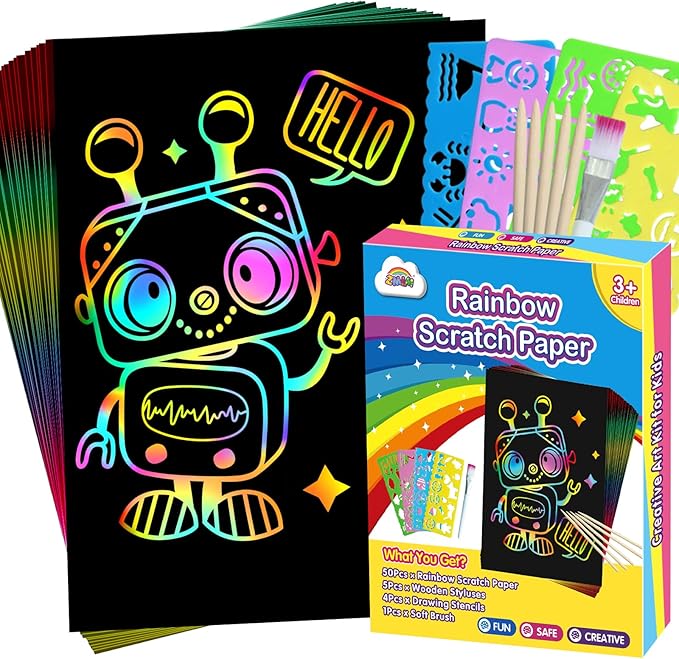 ZMLM Scratch Art Crafts Boys Gifts, 60 Rainbow Scratch Paper Art Gifts for 3 4 5 6 7 8 9 10 Years Old Girls and Boys Kids, Arts and Crafts for Kids 4-6 Birthday Toys and Games Activities Gift (Blue)