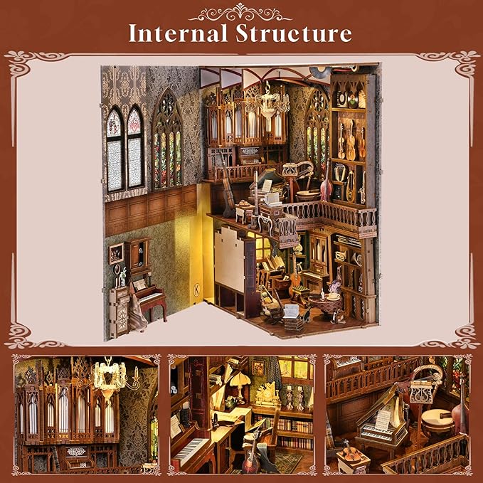Book Nook Kit Music, DIY Miniature House Kit Book Nook, 3D Wooden Puzzle Bookshelf Insert Diorama Kit with Led Light for Teens and Adults (Timeless Melody)
