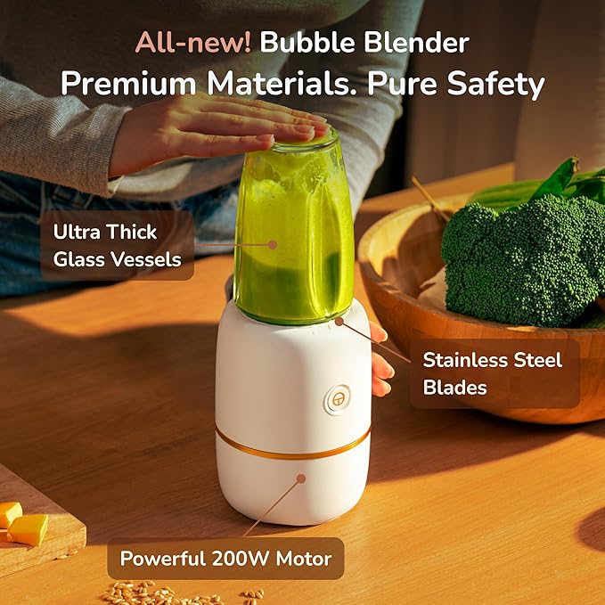 Bubble Blender, Baby Food Maker & Puree Blender with 2 Borosilicate Glass Cups, Compact Baby Bullet for Smoothies, Hands-Free One-Touch, 200W Motor, Cream