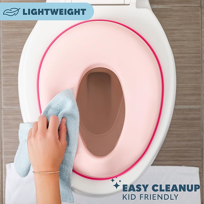 Toddler Potty Training Seat - Toddler Toilet Seat Attachment for Boys & Girls w/Splash Guard, Non-Slip Grip for Secure Fit, Fits Standard Round & Oval Toilets, Storage Hook Included, Pink