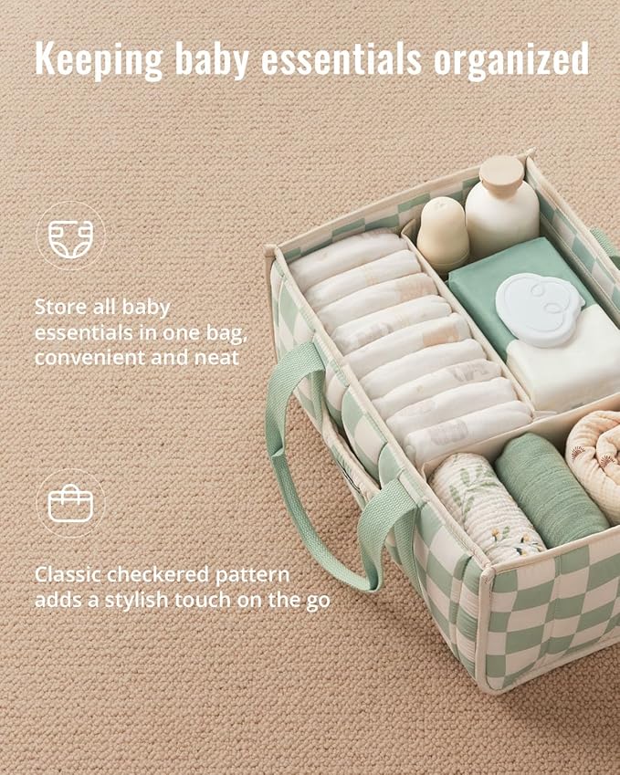 Blissful Diary Checkered Diaper Caddy Organizer, Stylish Nursery Storage Basket, Gift for Baby Shower, Newborn Essentials, Registry Search Must Haves, Sage Green