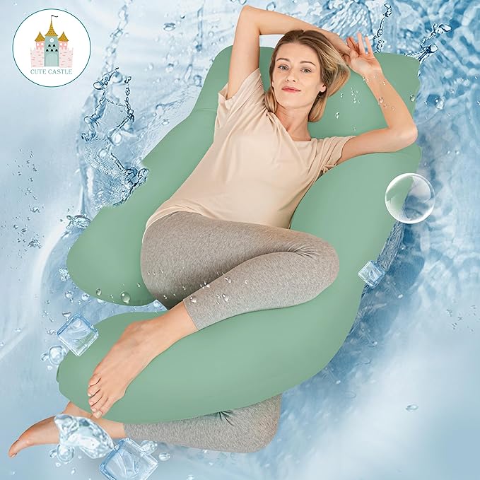 Cute Castle Cooling Cover Pregnancy Pillows, Soft U-Shape Maternity Pillow with Removable Cover - Full Body Pillows for Adults Sleeping - Pregnancy Must Haves - Jumbo 57 Inch - Green