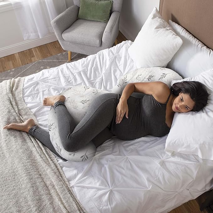 Boppy Total Body Pregnancy Pillow, Gray Wispy Leaves, Body Pillow for Prenatal and Postpartum Support, Removable Cover Included