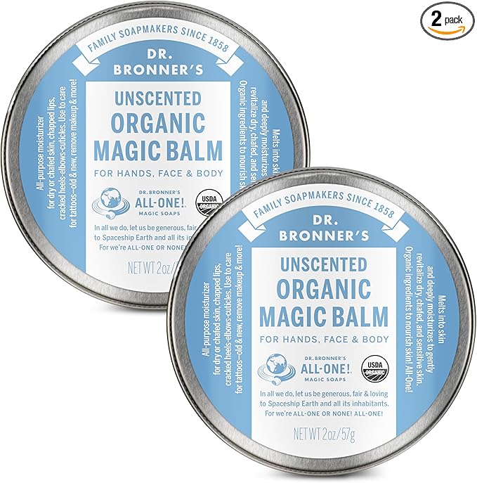 Dr. Bronner's - Organic Magic Balm - Baby Unscented, Made with Organic Beeswax & Hemp Oil, Moisturizes & Soothes Hands, Face & Body (2 oz, 2-Pack)
