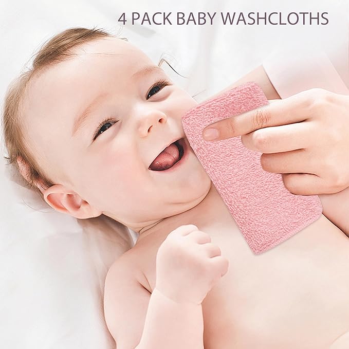 4 Pack Baby Washcloths 100% Cotton Soft and Absorbent Terry Wash Cloths for Sensitive Skin Face Hand Body Burp Rag Wipes Essentials for Newborns Infants Toddlers Girls Boys