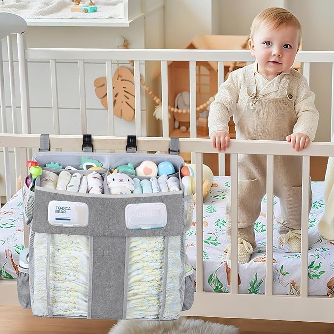 Accmor Changing Table Diaper Organizer, Hanging Diaper Caddy Organizer Stacker for Cribs Changing Table Playard Wall Baby Essentials Storage, Grey