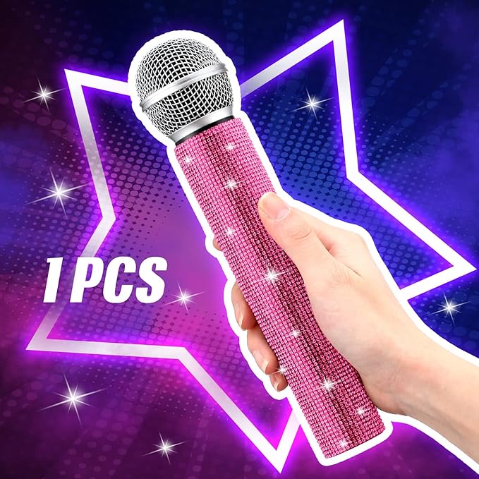 Sanwuta Fake Microphone Prop Sparkly Bling Rhinestones Plastic Play Microphone Pretend Glitter Bedazzled Mic for Cosplay Party Costume(Pink)