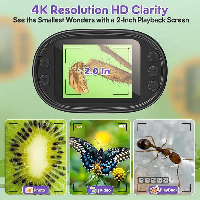 1000X Handheld Microscope for Kids 4K 2.0" Screen Rechargeable Mini Pocket Digital Microscopes w/Slides Kit Portable Edu Gift Age 4-6 8-12 Children Students (Purple)