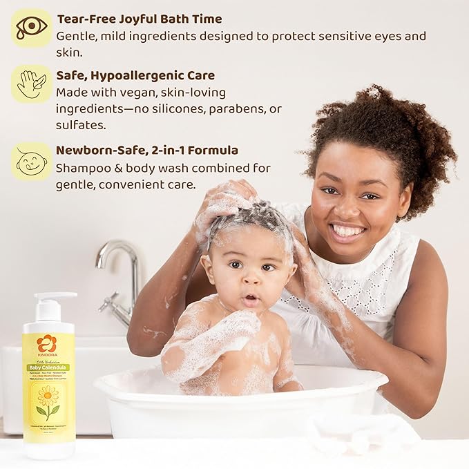 KINDORA 2-in-1 Baby Shampoo and Body Wash with Calendula & Oat – Gentle, Tear-Free & Hypoallergenic | Plant Based Cradle Cap Treatment | Organic, Vegan & Non-Toxic – 16.9 fl oz