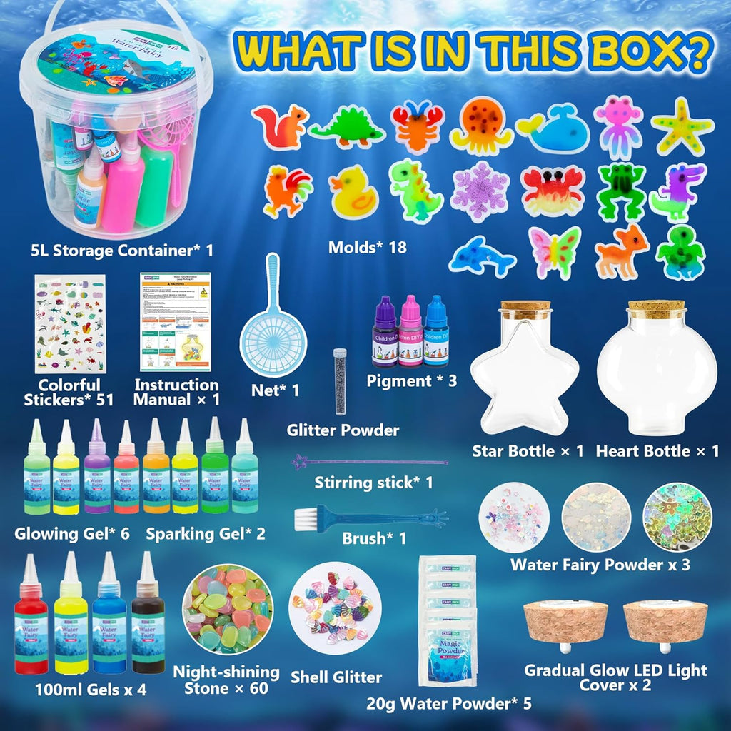 LED Night Light Up, Magic Water Fairy Craft Kit for Kid, Glow-in-The-Dark Magic Gel Water Pets Squishy Kit, Aqua DIY Elf with 18 Molds,100ml Gels, 5000ml Bucket Birthday Gift Make Your Own Sea World