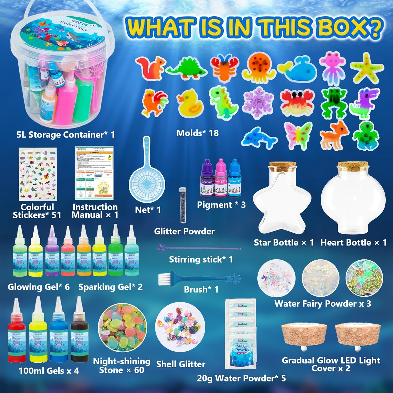 LED Night Light Up, Magic Water Fairy Craft Kit for Kid, Glow-in-The-Dark Magic Gel Water Pets Squishy Kit, Aqua DIY Elf with 18 Molds,100ml Gels, 5000ml Bucket Birthday Gift Make Your Own Sea World