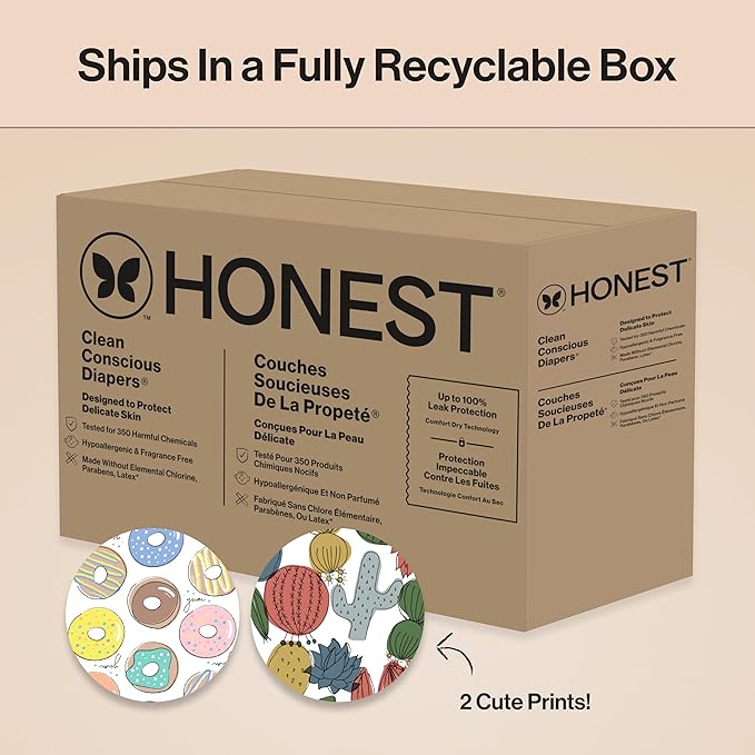 The Honest Company Clean Conscious Diapers for Delicate Skin | Up to 100% Leakproof | Hypoallergenic, Fragrance Free | Gender Neutral | Super Club Box, Size 4 (22-37 lbs), 104 Count (Prints May Vary)