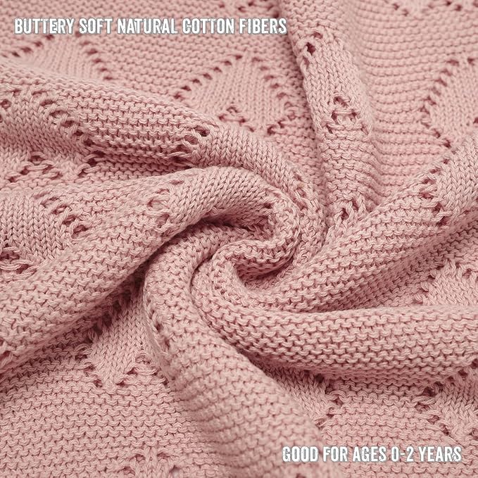 Heirloom Knit Heart Swaddling Blanket for Girls - 100% Luxury Cotton Baby Blanket - Soft Warm Swaddle Receiving Crib Receiving Blanket for Newborns Infants & Toddlers (Pink)