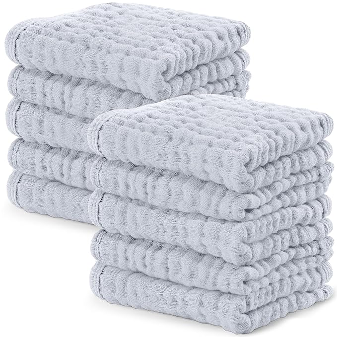 Comfy Cubs Muslin Baby Washcloths 10 Pack - Soft 6-Layer Cotton Wash Cloths for Sensitive Skin - 10"x10" Large, Gentle, Absorbent Infant Essentials for Newborn and Toddlers - Slate
