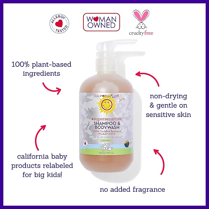 California Kids Shampoo + Kids Body Wash 2-in-1 | Super Sensitive (Unscented) | Gentle Skin Care | 100% Plant-Based | Hypoallergenic | 19 oz.